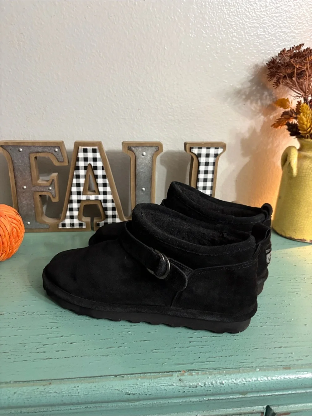 BearPaw Black Suede Ankle Booties with Strap